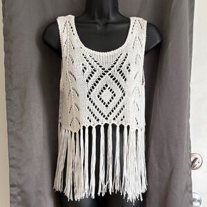 Haute Society White Crochet Festival BOHO Fringe Tank Top SZ S